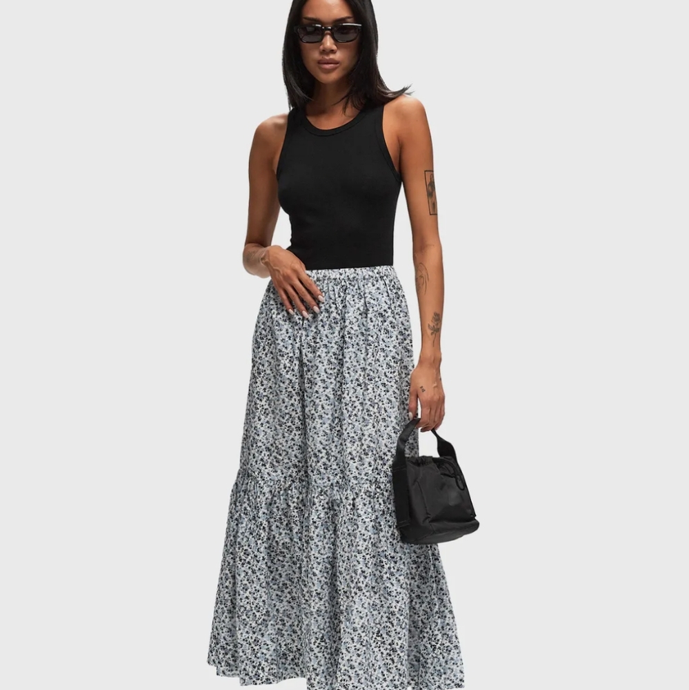 GANNI Blue Floral Printed Cotton Maxi Flounce Skirt